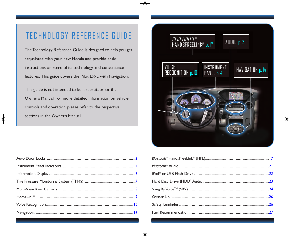 Technology reference guide, Bluetooth, Handsfreelink | HONDA 2013 Pilot (EX-L with Navigation) - Technology Reference Guide User Manual | Page 2 / 15