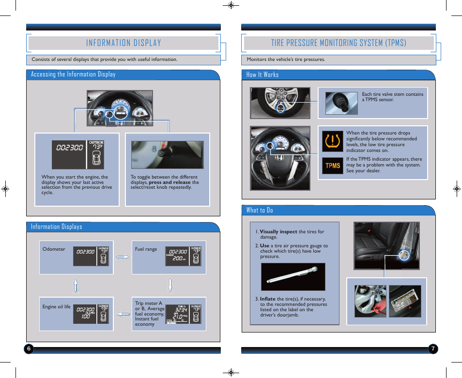 Information display, Tire pressure monitoring system (tpms) | HONDA 2013 Pilot (EX-L with Navigation) - Technology Reference Guide User Manual | Page 5 / 15