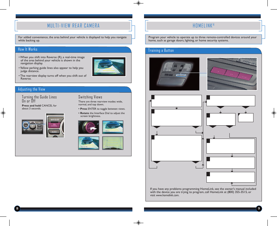 Multi-view rear camera, Homelink, Adjusting the view | Turning the guide lines on or off switching views, How it works, Training a button | HONDA 2013 Pilot (EX-L with Navigation) - Technology Reference Guide User Manual | Page 6 / 15