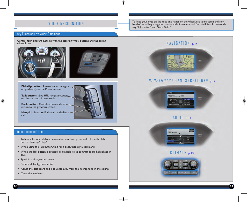 P.10, Voice recognition, Audio | HONDA 2013 Pilot (EX-L with Navigation) - Technology Reference Guide User Manual | Page 7 / 15