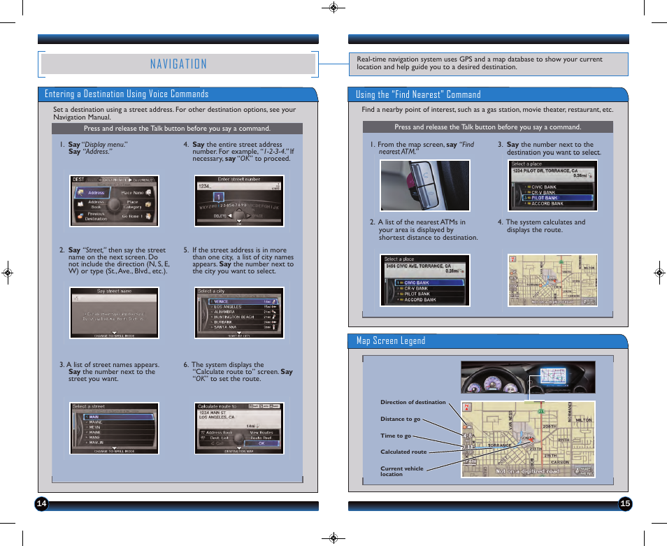 P.14, P. 14, Navigation | Entering a destination using voice commands, Using the “find nearest” command map screen legend | HONDA 2013 Pilot (EX-L with Navigation) - Technology Reference Guide User Manual | Page 9 / 15