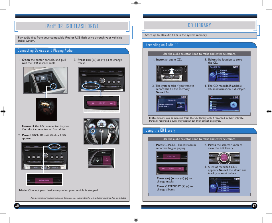 Cd library, Ipod, Or usb flash drive | HONDA 2013 Pilot (LX, EX, EX-L and EX-L w/ RES) - Technology Reference Guide User Manual | Page 10 / 12
