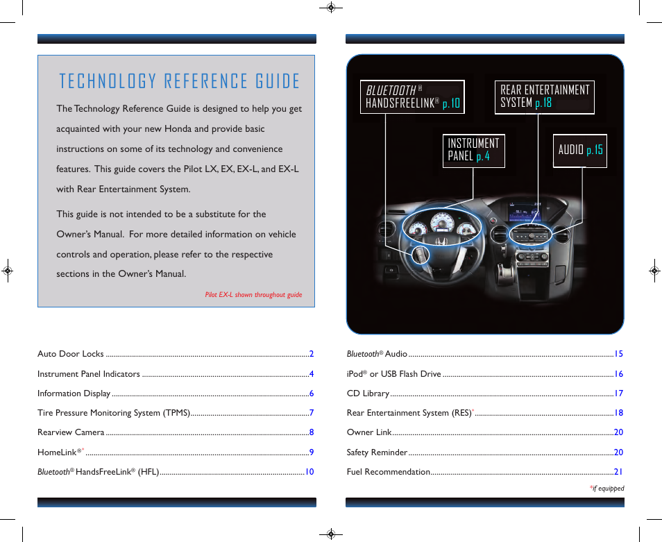 Technology reference guide, Audio p.15 rear entertainment system p.18, Bluetooth | Handsfreelink, P.10 instrument panel p.4 | HONDA 2013 Pilot (LX, EX, EX-L and EX-L w/ RES) - Technology Reference Guide User Manual | Page 2 / 12