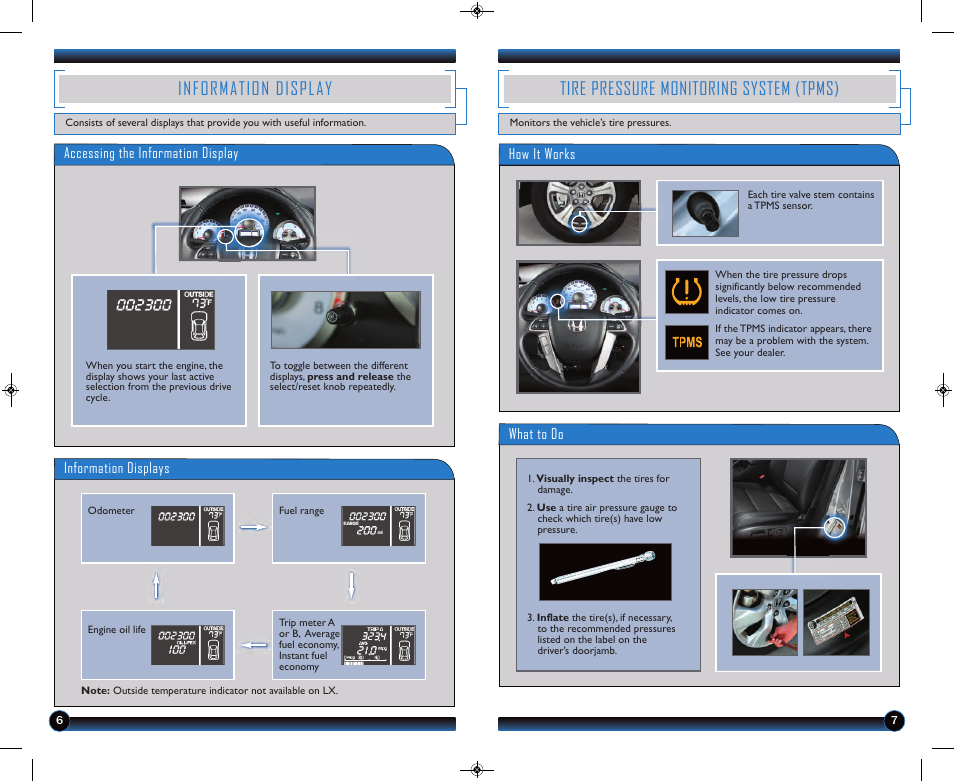 Information display, Tire pressure monitoring system (tpms) | HONDA 2013 Pilot (LX, EX, EX-L and EX-L w/ RES) - Technology Reference Guide User Manual | Page 5 / 12