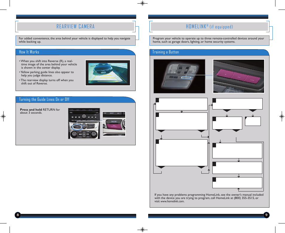 Homelink, Rearview camera, If equipped) | Training a button, How it works, Turning the guide lines on or off | HONDA 2013 Pilot (LX, EX, EX-L and EX-L w/ RES) - Technology Reference Guide User Manual | Page 6 / 12