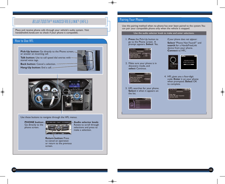 P.10, Bluetooth, Handsfreelink | Hfl) | HONDA 2013 Pilot (LX, EX, EX-L and EX-L w/ RES) - Technology Reference Guide User Manual | Page 7 / 12
