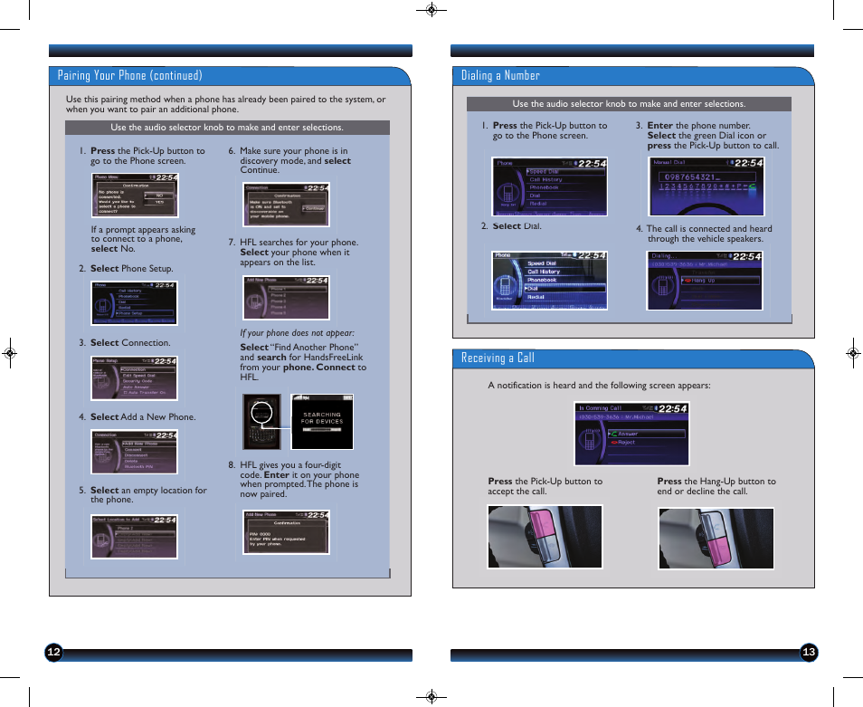 Dialing a number receiving a call, Pairing your phone (continued) | HONDA 2013 Pilot (LX, EX, EX-L and EX-L w/ RES) - Technology Reference Guide User Manual | Page 8 / 12
