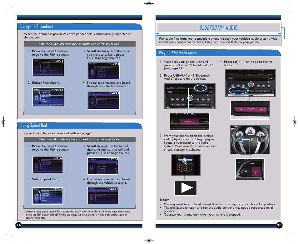 P.15, Bluetooth, Audio | Using the phonebook, Using speed dial, Playing bluetooth audio | HONDA 2013 Pilot (LX, EX, EX-L and EX-L w/ RES) - Technology Reference Guide User Manual | Page 9 / 12