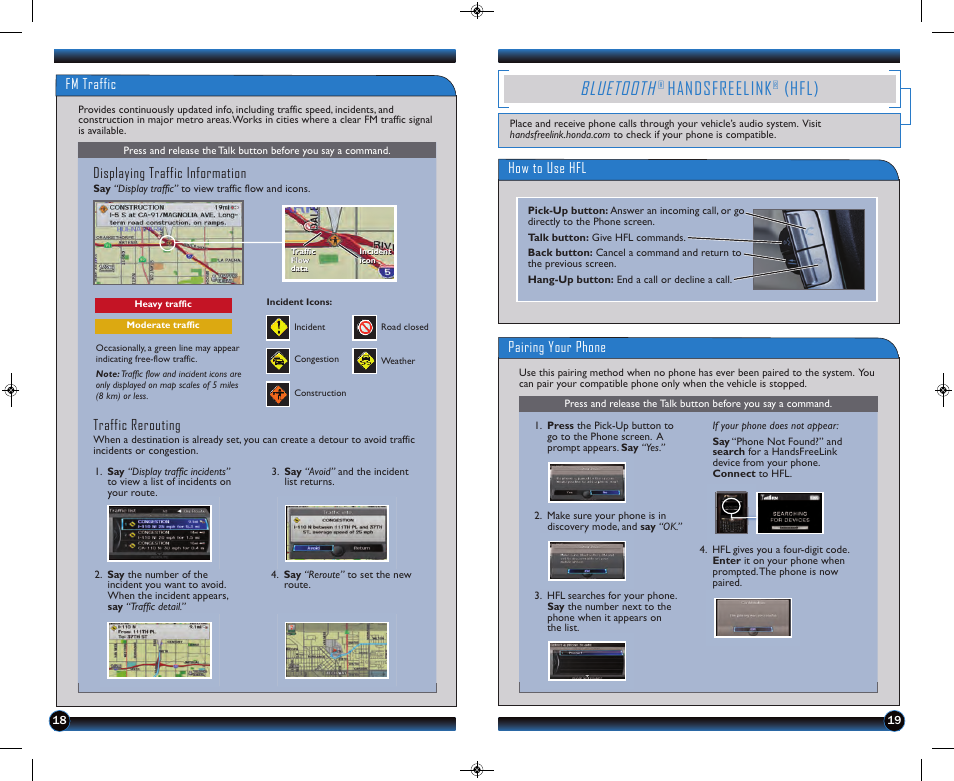 P.19, P. 19, Bluetooth | Handsfreelink, Hfl), How to use hfl fm traffic, Displaying traffic information, Pairing your phone, Traffic rerouting | HONDA 2013 Pilot (Touring) - Technology Reference Guide User Manual | Page 11 / 18