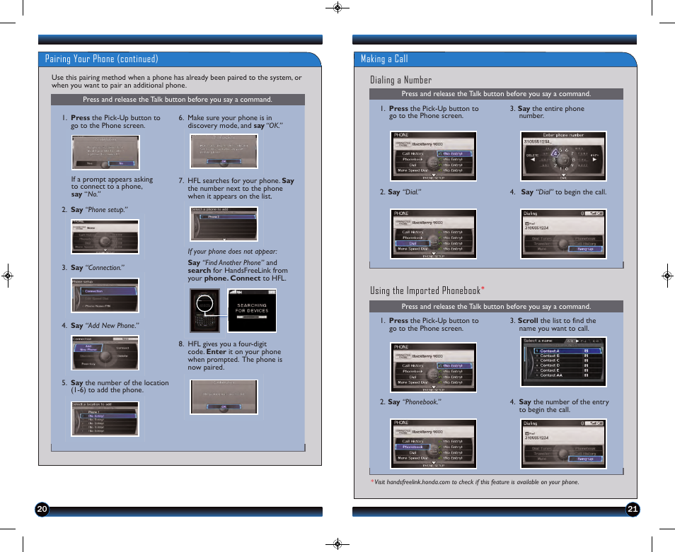 Pairing your phone (continued), Making a call dialing a number, Using the imported phonebook | HONDA 2013 Pilot (Touring) - Technology Reference Guide User Manual | Page 12 / 18