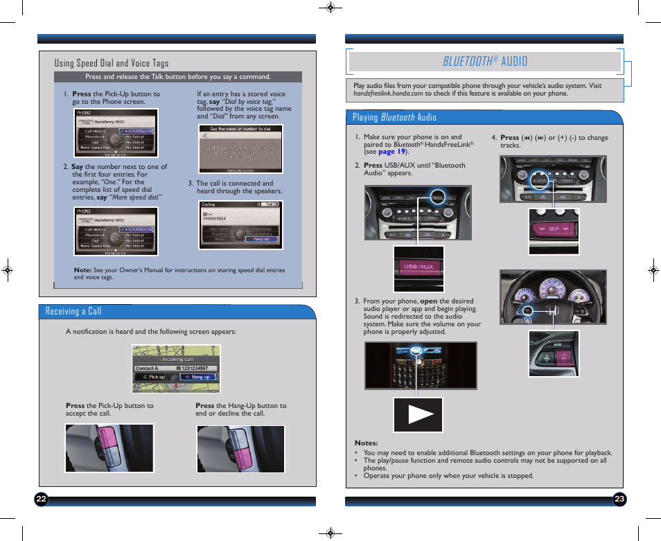 P.23, Bluetooth, Audio | Playing bluetooth audio, Using speed dial and voice tags, Receiving a call | HONDA 2013 Pilot (Touring) - Technology Reference Guide User Manual | Page 13 / 18