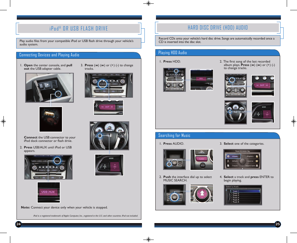 Hard disc drive (hdd) audio, Ipod, Or usb flash drive | HONDA 2013 Pilot (Touring) - Technology Reference Guide User Manual | Page 14 / 18