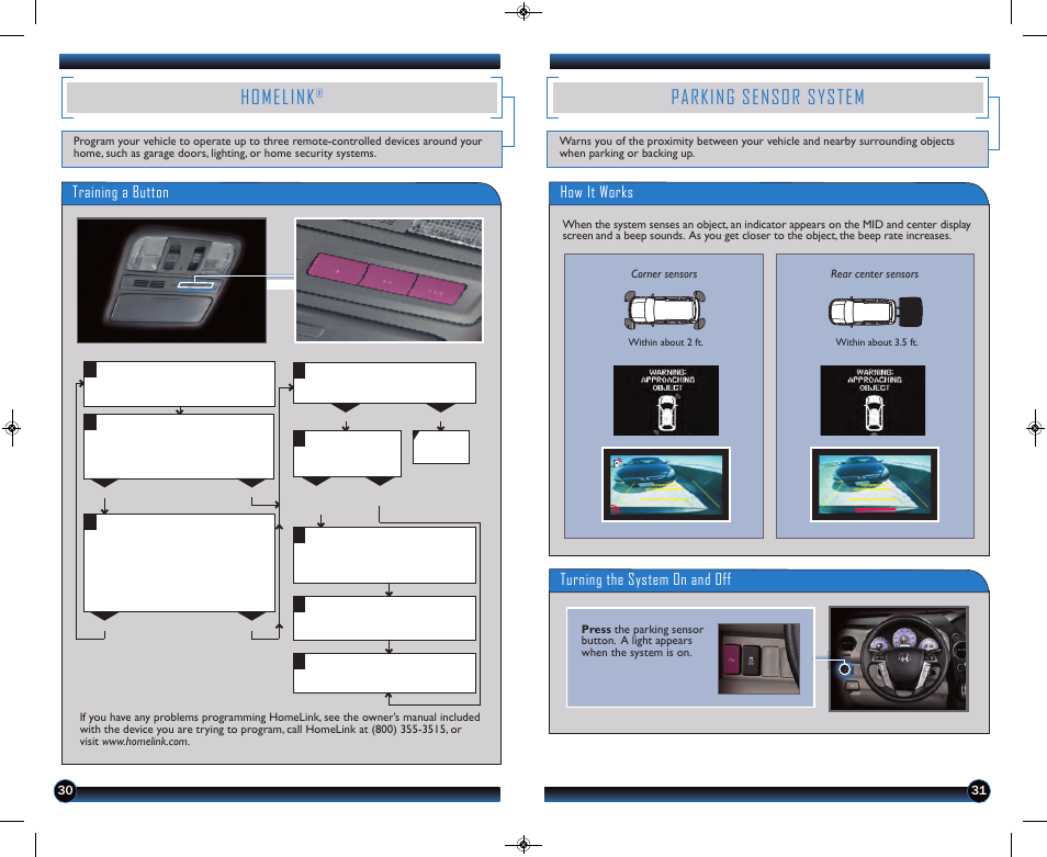 Homelink, Parking sensor system, Training a button | How it works turning the system on and off | HONDA 2013 Pilot (Touring) - Technology Reference Guide User Manual | Page 17 / 18
