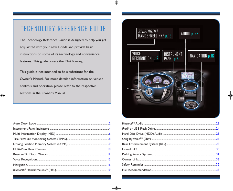 Technology reference guide, Bluetooth, Handsfreelink | HONDA 2013 Pilot (Touring) - Technology Reference Guide User Manual | Page 2 / 18