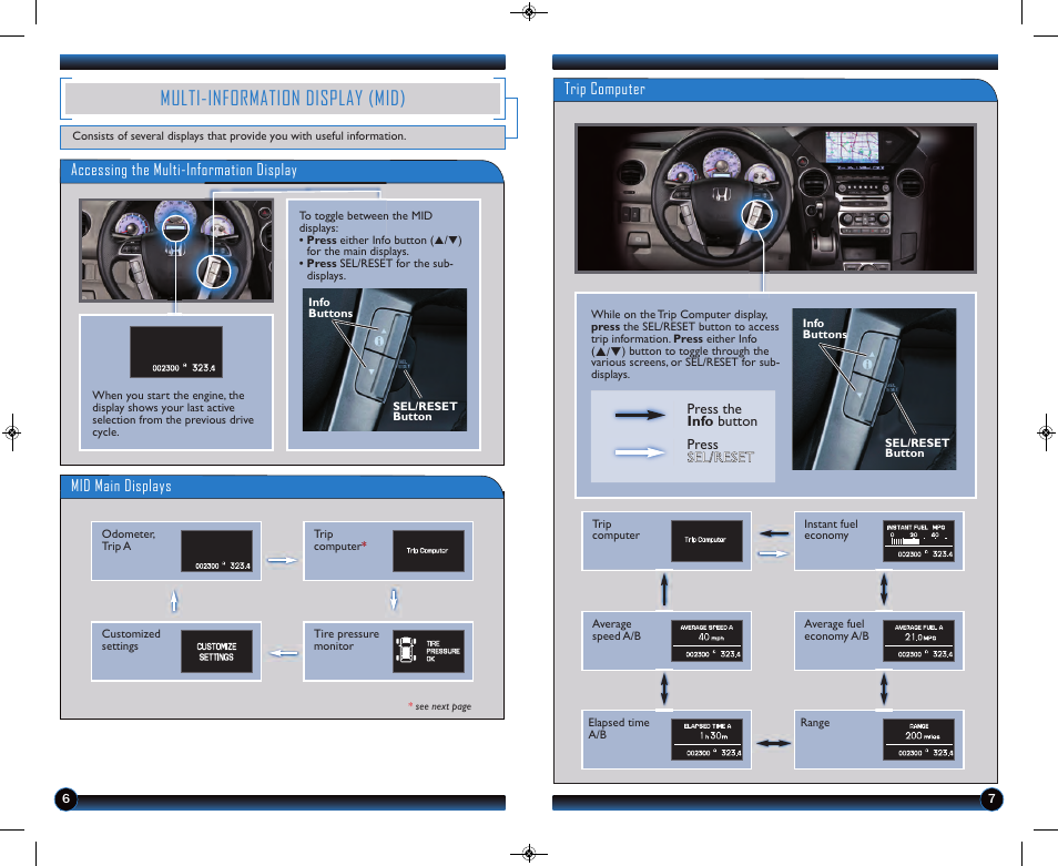 Multi-information display (mid), Accessing the multi-information display, Mid main displays | Trip computer | HONDA 2013 Pilot (Touring) - Technology Reference Guide User Manual | Page 5 / 18