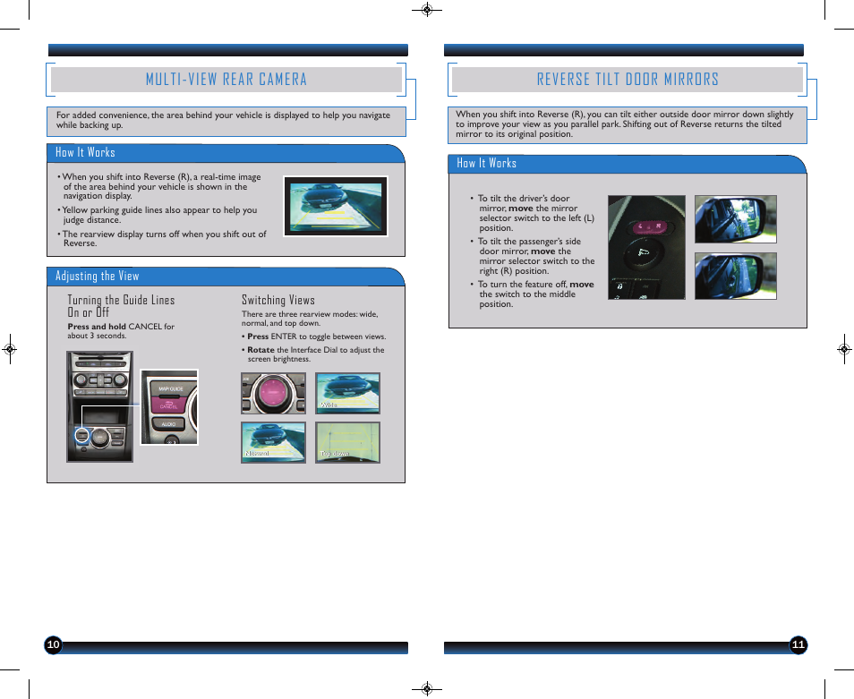 Multi-view rear camera, Reverse tilt door mirrors, Adjusting the view | Turning the guide lines on or off switching views, How it works | HONDA 2013 Pilot (Touring) - Technology Reference Guide User Manual | Page 7 / 18