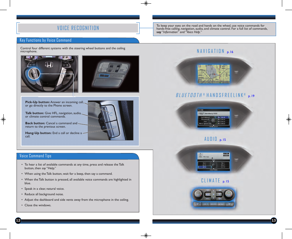 P.12, Voice recognition, Audio | HONDA 2013 Pilot (Touring) - Technology Reference Guide User Manual | Page 8 / 18
