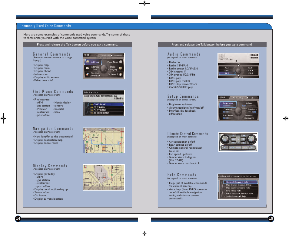 P. 15, Commonly used voice commands, Climate control commands | HONDA 2013 Pilot (Touring) - Technology Reference Guide User Manual | Page 9 / 18