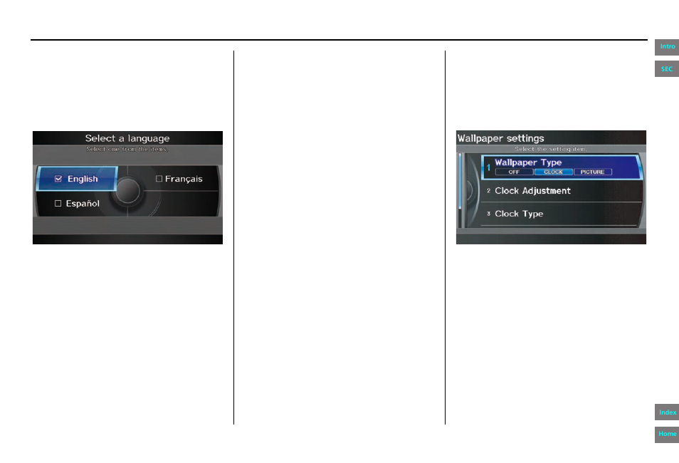 Language, Clock/wallpaper, Navigation system manual | System setup | HONDA 2013 Pilot - Navigation Manual User Manual | Page 113 / 178