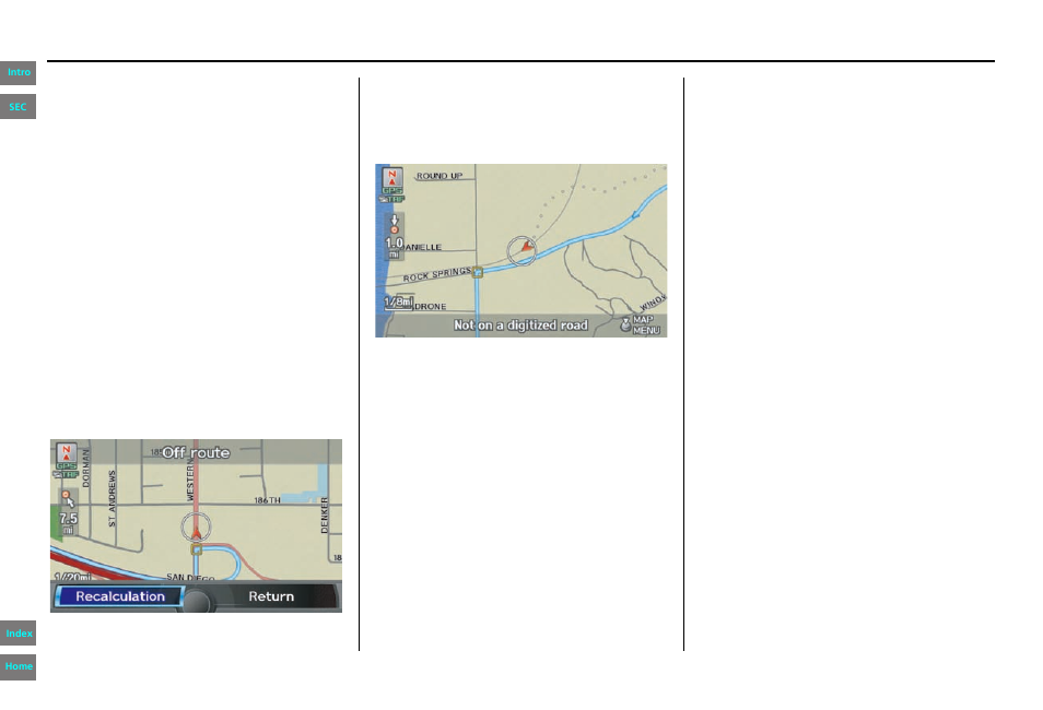 Going off the route, Off-road tracking, Navigation system manual | Driving to your destination | HONDA 2013 Pilot - Navigation Manual User Manual | Page 70 / 178