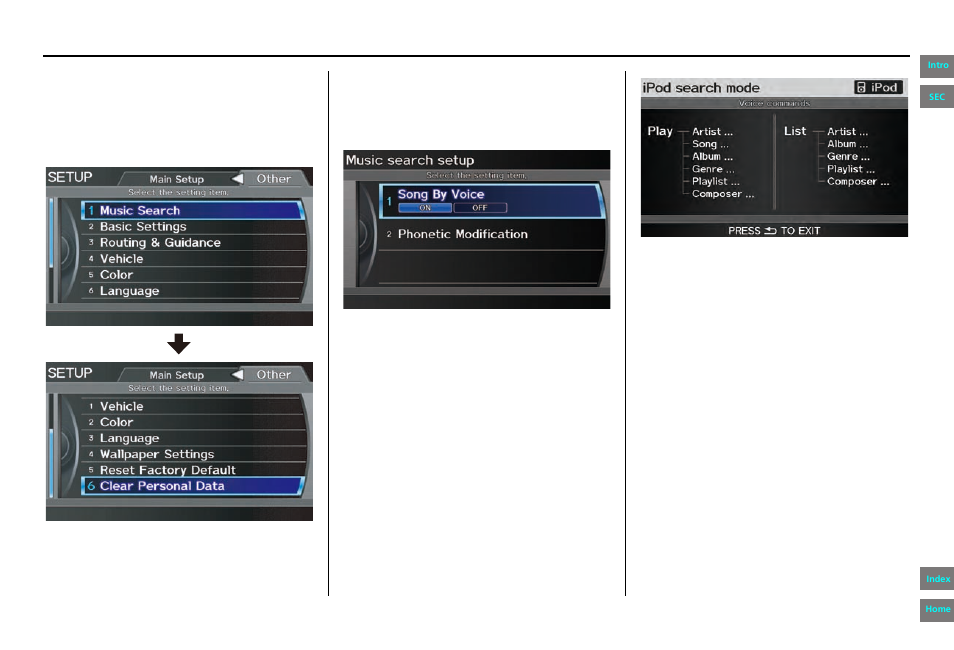 Setup screen (other), Music search, Navigation system manual | System setup | HONDA 2013 Pilot - Navigation Manual User Manual | Page 97 / 178