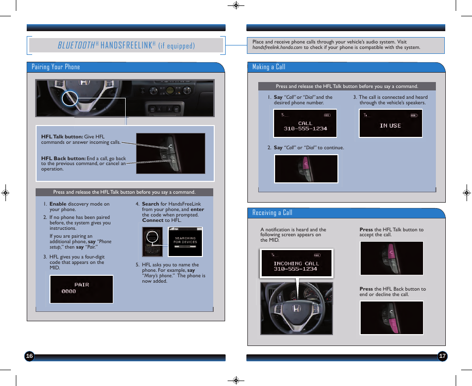 P.16, P. 16, Bluetooth | Handsfreelink, If equipped) | HONDA 2013 Ridgeline - Technology Reference Guide User Manual | Page 10 / 13