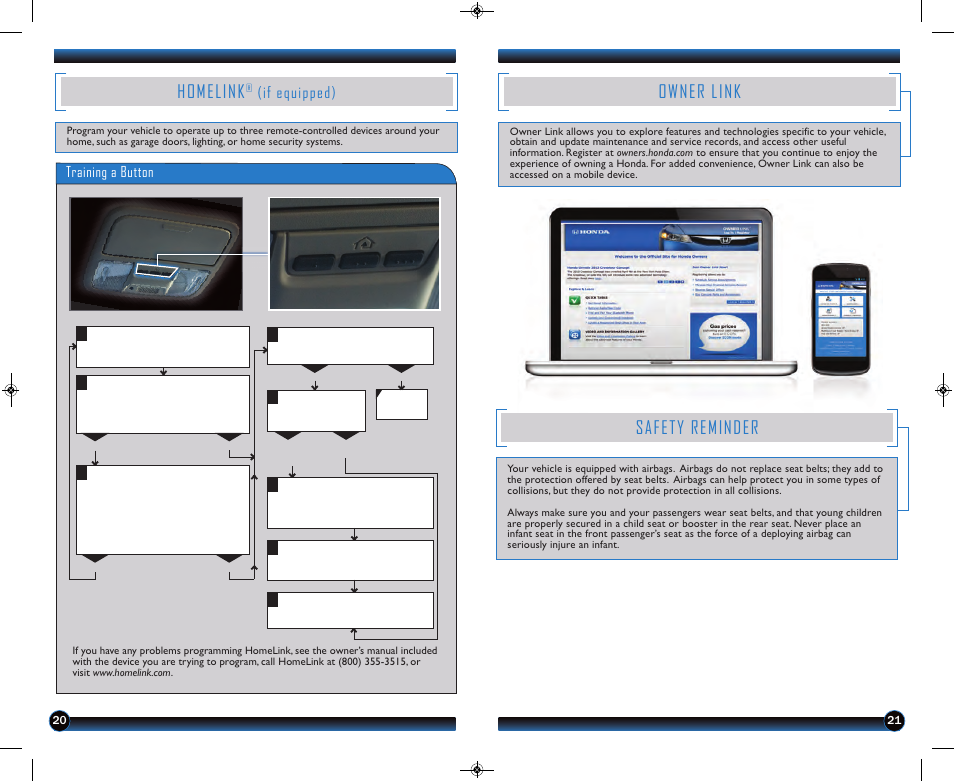 Homelink, Owner link, Safety reminder | If equipped), Training a button | HONDA 2013 Ridgeline - Technology Reference Guide User Manual | Page 12 / 13