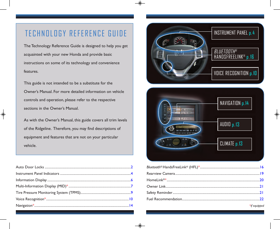 Technology reference guide, Bluetooth, Handsfreelink | HONDA 2013 Ridgeline - Technology Reference Guide User Manual | Page 2 / 13