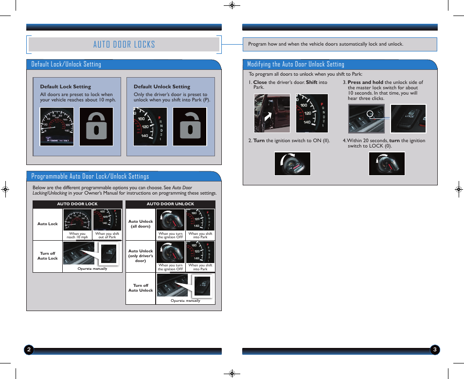 Auto door locks, Default lock/unlock setting, Programmable auto door lock/unlock settings | Modifying the auto door unlock setting | HONDA 2013 Ridgeline - Technology Reference Guide User Manual | Page 3 / 13
