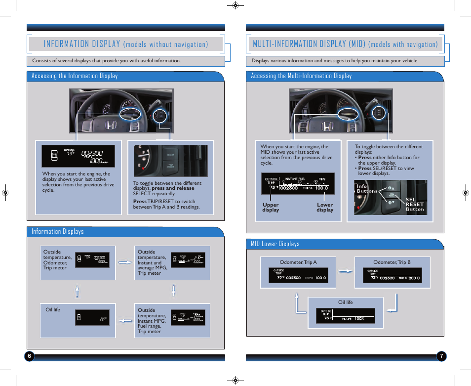 Information display, Multi-information display (mid), Models without navigation) | Models with navigation) | HONDA 2013 Ridgeline - Technology Reference Guide User Manual | Page 5 / 13