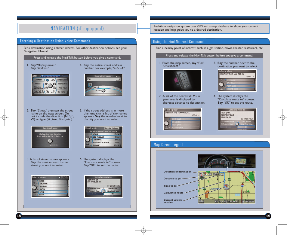 P.18, P. 18, Navigation (if equipped) | Map screen legend using the find nearest command, Entering a destination using voice commands | HONDA 2012 Accord Coupe - Technology Reference Guide User Manual | Page 11 / 14