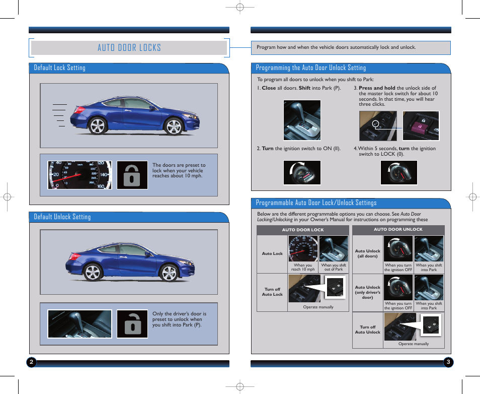 Auto door locks, Default unlock setting, Programmable auto door lock/unlock settings | HONDA 2012 Accord Coupe - Technology Reference Guide User Manual | Page 3 / 14