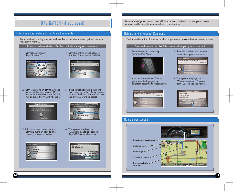 P.16, P. 16, Navigation (if equipped) | Map screen legend using the find nearest command, Entering a destination using voice commands | HONDA 2012 Accord Sedan - Technology Reference Guide User Manual | Page 10 / 13