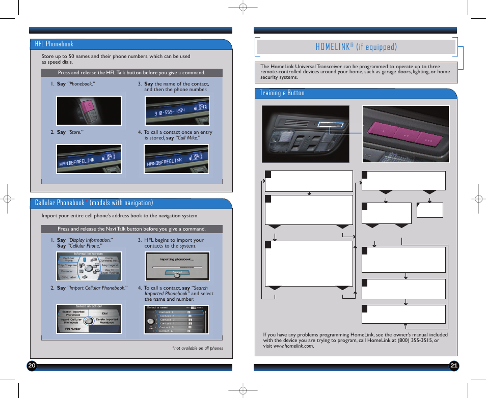 Homelink, If equipped), Hfl phonebook | Cellular phonebook * (models with navigation), Training a button | HONDA 2012 Accord Sedan - Technology Reference Guide User Manual | Page 12 / 13