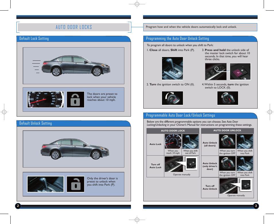 Auto door locks, Default unlock setting, Programmable auto door lock/unlock settings | HONDA 2012 Accord Sedan - Technology Reference Guide User Manual | Page 3 / 13