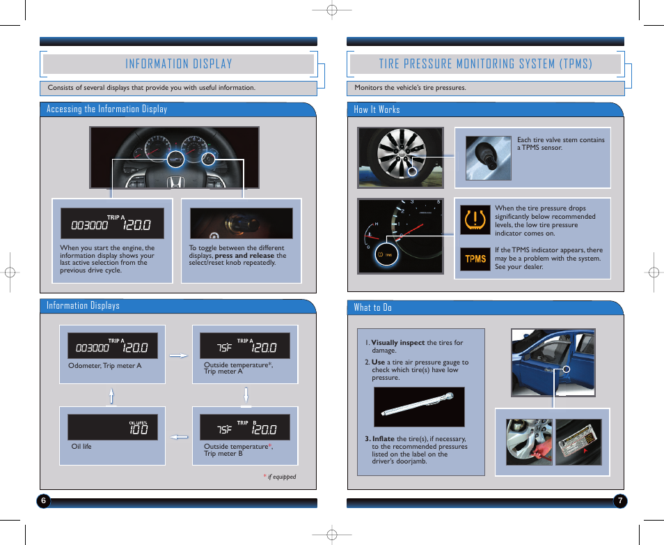 Information display, Tire pressure monitoring system (tpms), Information displays | HONDA 2012 Accord Sedan - Technology Reference Guide User Manual | Page 5 / 13