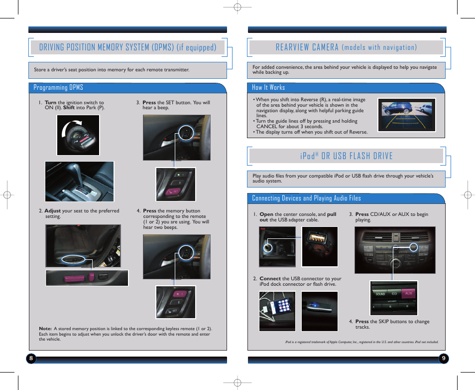 Rearview camera, Ipod, Or usb flash drive | Models with navigation) | HONDA 2012 Accord Sedan - Technology Reference Guide User Manual | Page 6 / 13