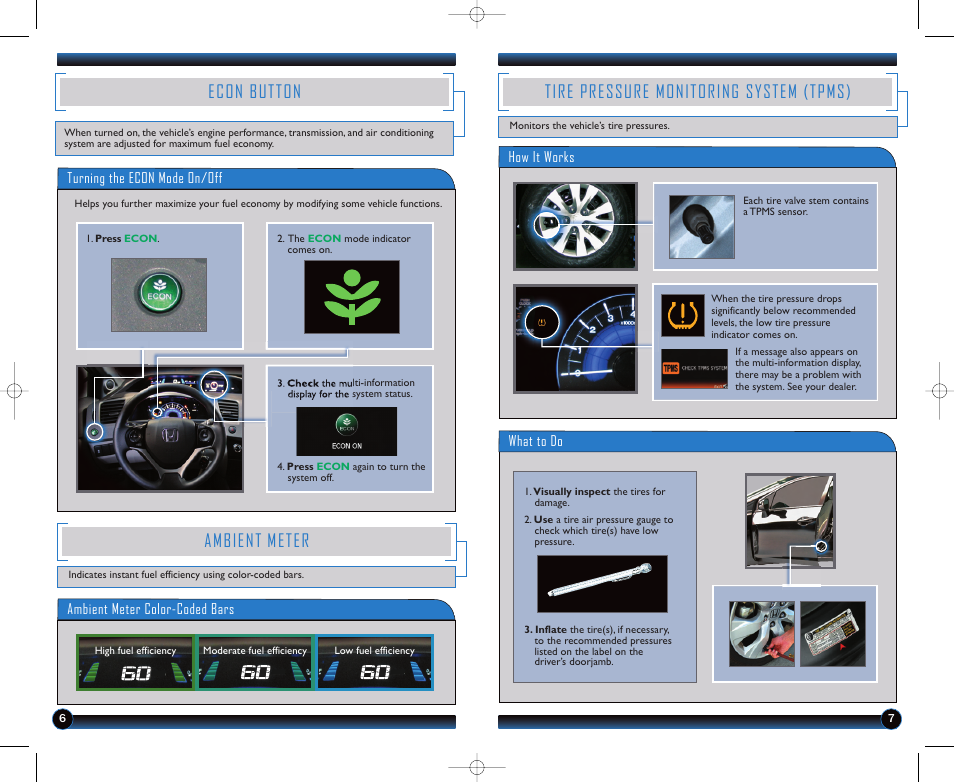 Econ button, Ambient meter, Tire pressure monitoring system (tpms) | Turning the econ mode on/off, Ambient meter color-coded bars, What to do how it works | HONDA 1982 Civic Coupe (LX) - Technology Reference Guide User Manual | Page 5 / 8