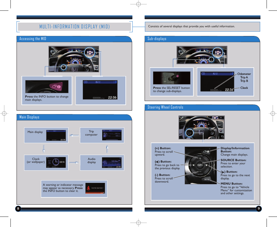 Multi-information display (mid), Accessing the mid, Main displays steering wheel controls | Sub-displays | HONDA 1982 Civic Coupe (LX) - Technology Reference Guide User Manual | Page 6 / 8