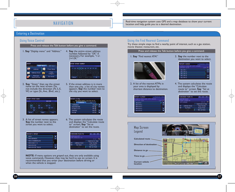 P.16, Navigation, Entering a destination using voice control | Using the find nearest command, Map screen legend | HONDA 1982 Civic Sedan (EX, EX-L, Si, GX with Navi ) - Technology Reference Guide User Manual | Page 10 / 15