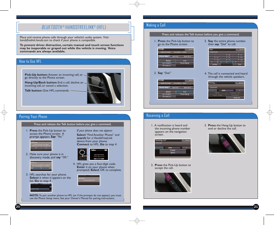 P.20, Bluetooth, Handsfreelink | Hfl) | HONDA 1982 Civic Sedan (EX, EX-L, Si, GX with Navi ) - Technology Reference Guide User Manual | Page 12 / 15