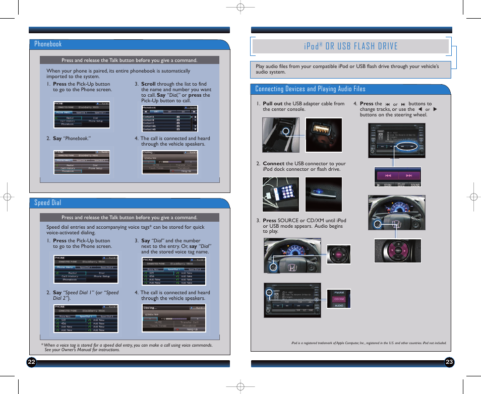 P.23, Ipod, Or usb flash drive | Phonebook, Speed dial, Connecting devices and playing audio files | HONDA 1982 Civic Sedan (EX, EX-L, Si, GX with Navi ) - Technology Reference Guide User Manual | Page 13 / 15