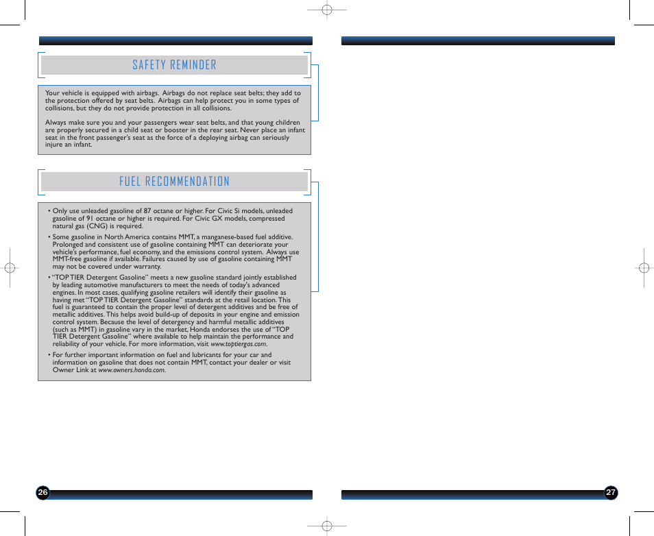 Safety reminder, Fuel recommendation | HONDA 1982 Civic Sedan (EX, EX-L, Si, GX with Navi ) - Technology Reference Guide User Manual | Page 15 / 15