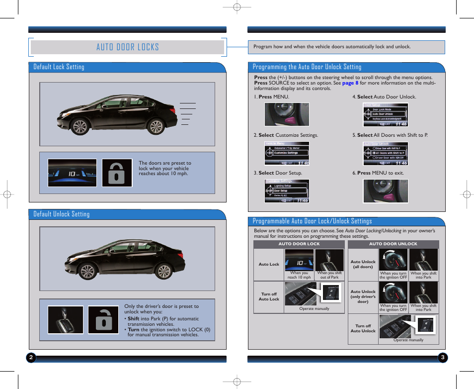 Auto door locks, Default lock setting, Default unlock setting | Programmable auto door lock/unlock settings, Programming the auto door unlock setting | HONDA 1982 Civic Sedan (EX, EX-L, Si, GX with Navi ) - Technology Reference Guide User Manual | Page 3 / 15