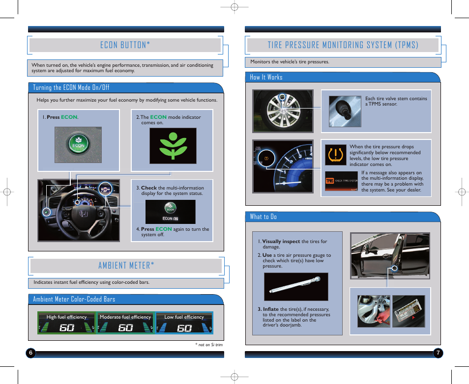 Tire pressure monitoring system (tpms), Econ button, Ambient meter | Turning the econ mode on/off, What to do, How it works, Ambient meter color-coded bars | HONDA 1982 Civic Sedan (EX, EX-L, Si, GX with Navi ) - Technology Reference Guide User Manual | Page 5 / 15