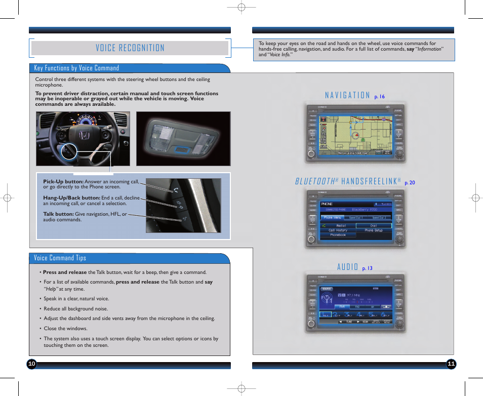 P.10, Bluetooth, Voice recognition | Audio, Handsfreelink | HONDA 1982 Civic Sedan (EX, EX-L, Si, GX with Navi ) - Technology Reference Guide User Manual | Page 7 / 15