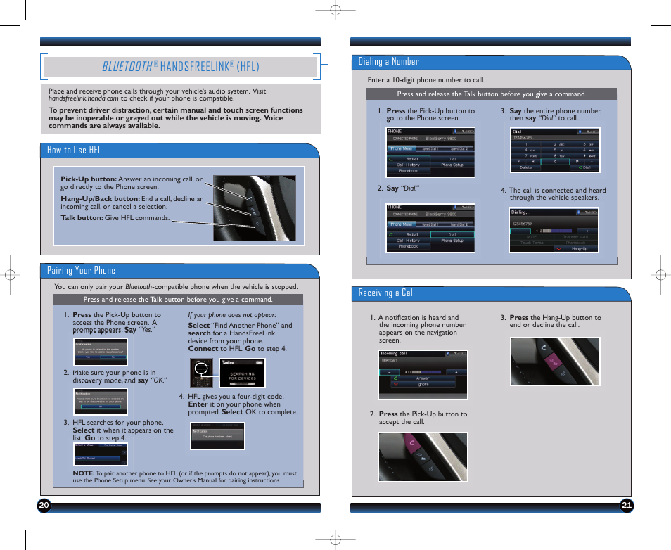 P.20, Bluetooth, Handsfreelink | Hfl) | HONDA 1982 Civic Coupe (EX, EX-L, Si with Navi ) - Technology Reference Guide User Manual | Page 12 / 15