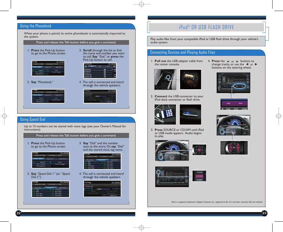P.23, Ipod, Or usb flash drive | Using the phonebook, Using speed dial, Connecting devices and playing audio files | HONDA 1982 Civic Coupe (EX, EX-L, Si with Navi ) - Technology Reference Guide User Manual | Page 13 / 15