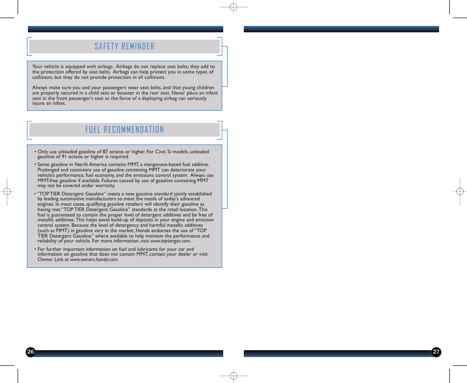Safety reminder, Fuel recommendation | HONDA 1982 Civic Coupe (EX, EX-L, Si with Navi ) - Technology Reference Guide User Manual | Page 15 / 15