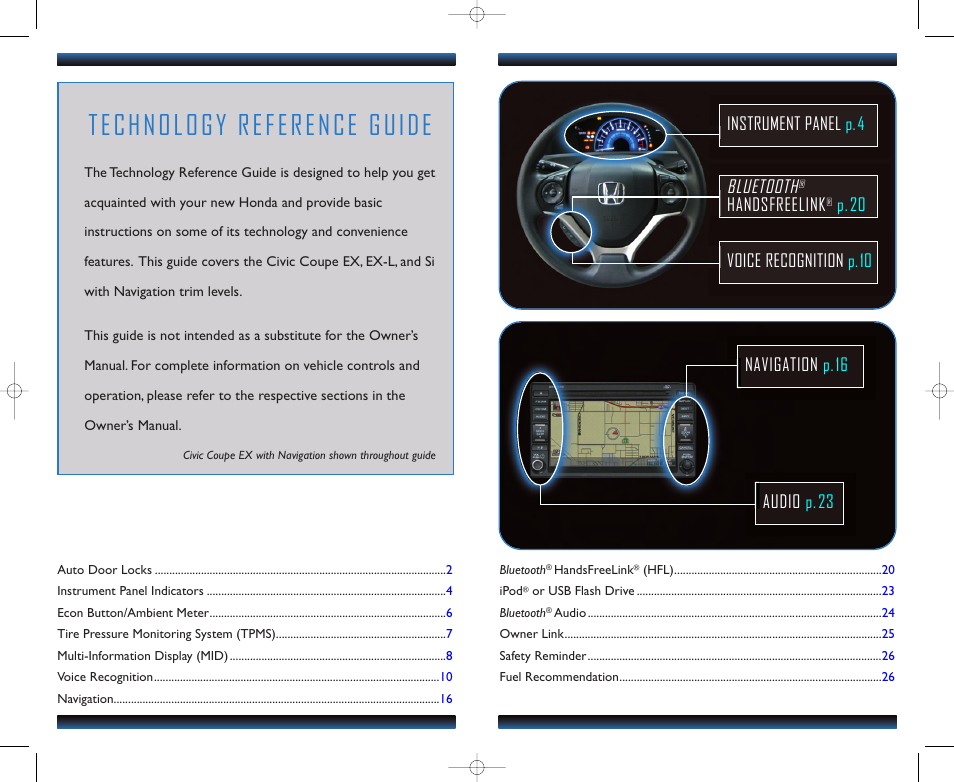 Technology reference guide, Bluetooth, Handsfreelink | HONDA 1982 Civic Coupe (EX, EX-L, Si with Navi ) - Technology Reference Guide User Manual | Page 2 / 15